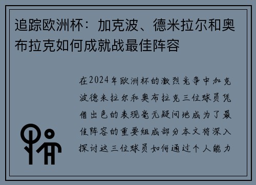 追踪欧洲杯：加克波、德米拉尔和奥布拉克如何成就战最佳阵容