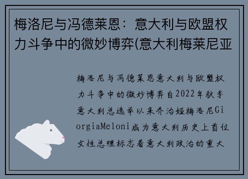 梅洛尼与冯德莱恩：意大利与欧盟权力斗争中的微妙博弈(意大利梅莱尼亚诺演员)