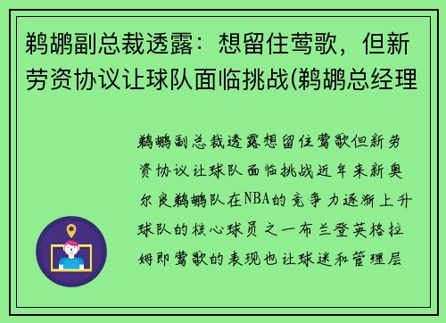 鹈鹕副总裁透露：想留住莺歌，但新劳资协议让球队面临挑战(鹈鹕总经理是谁)