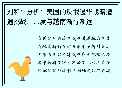刘和平分析：美国的反俄遏华战略遭遇挑战，印度与越南渐行渐远