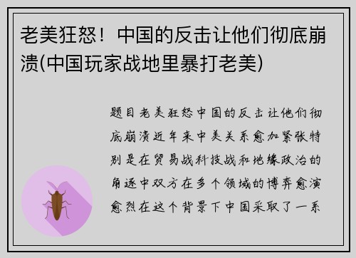 老美狂怒！中国的反击让他们彻底崩溃(中国玩家战地里暴打老美)