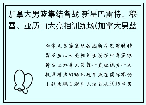 加拿大男篮集结备战 新星巴雷特、穆雷、亚历山大亮相训练场(加拿大男蓝)