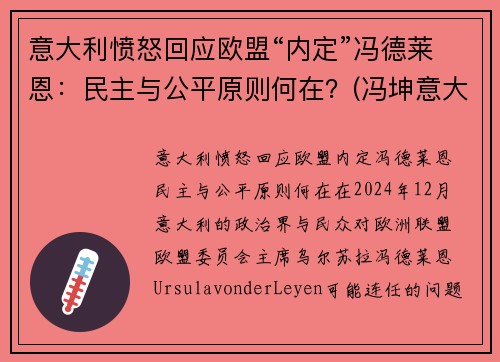 意大利愤怒回应欧盟“内定”冯德莱恩：民主与公平原则何在？(冯坤意大利)