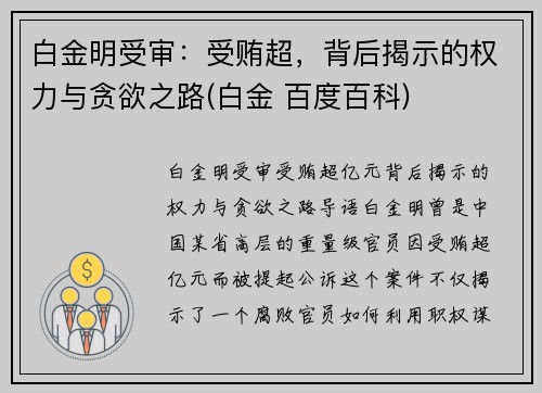 白金明受审：受贿超，背后揭示的权力与贪欲之路(白金 百度百科)