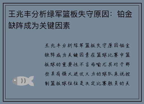 王兆丰分析绿军篮板失守原因：铂金缺阵成为关键因素