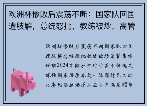 欧洲杯惨败后震荡不断：国家队回国遭肢解，总统怒批，教练被炒，高管集体辞职